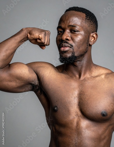 Muscular Upper Body Flexing Against Neutral Gray Background