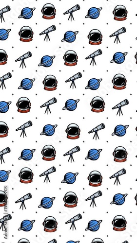 Cartoon Doodle Astronaut Helmet Telescope and Planet Pattern, Hand Drawn Space Icons Moving Up with Float Animation on White Background, Motion Graphics Seamless Loop, 9:16 Vertical Video