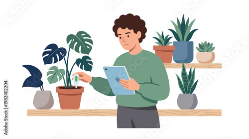 Man monitoring indoor plants with tablet and smart sensor flat illustration