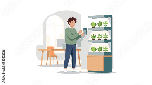 Man monitoring indoor vertical hydroponic garden system in office