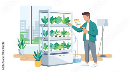 Man monitoring indoor vertical hydroponic garden with smartphone app