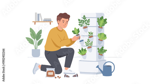 Man planting herbs in vertical indoor garden tower at home