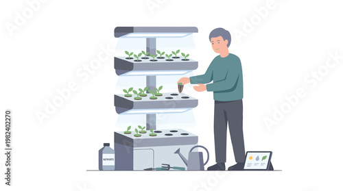 Man planting seedlings in modern indoor vertical garden using smart technology app