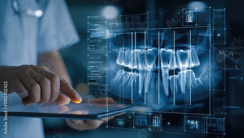 A healthcare professional examines a detailed dental X-ray displayed on a tablet, showcasing advanced diagnostic technology and precision in oral care.
