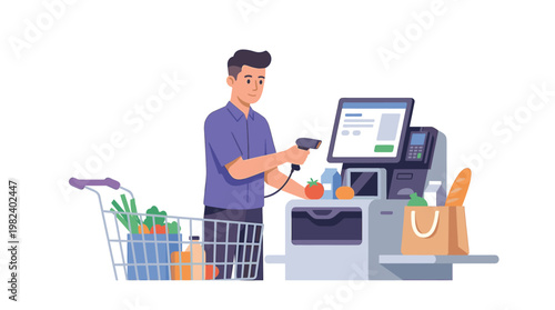 Man scanning groceries at a self checkout counter in a supermarket