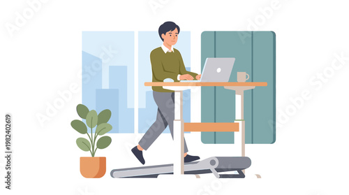 Man using laptop on walking treadmill at standing desk in office