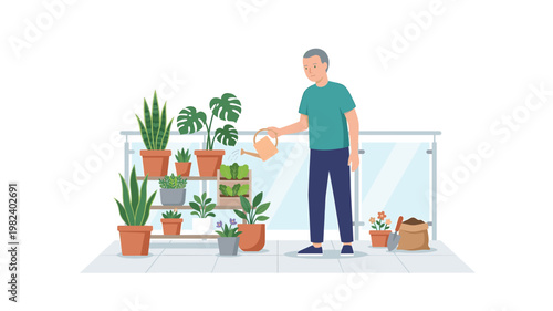 Man watering potted plants on an apartment balcony