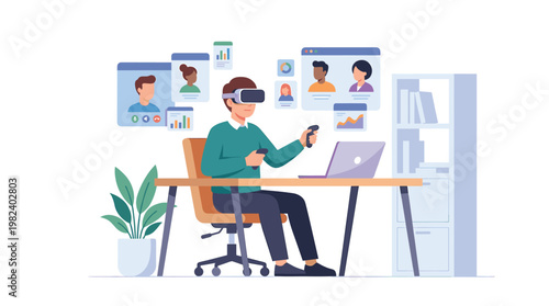 Man wearing VR headset attending virtual meeting in office illustration