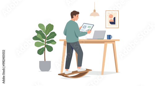 Professional man using tablet on balance board at standing desk