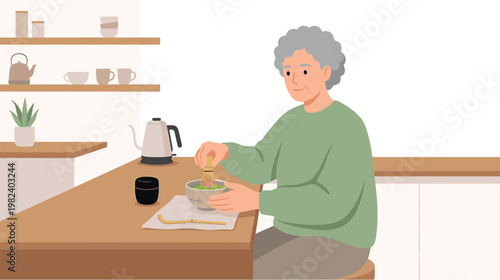 Senior woman whisking matcha tea in a minimal kitchen