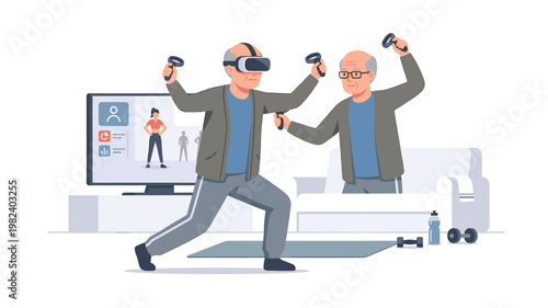Senior men exercising with VR headset in living room