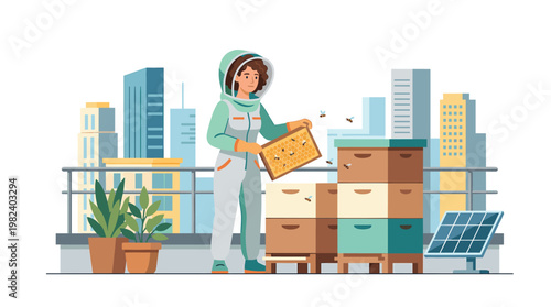 Urban beekeeper inspecting beehive frame on city rooftop garden