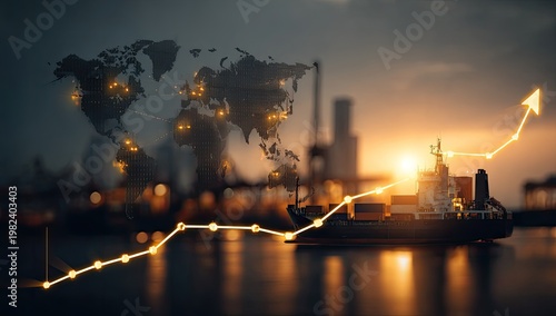 A cargo ship silhouetted against a sunset with a superimposed global network and rising graph.