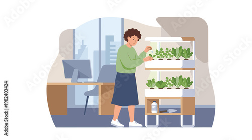 Woman caring for indoor plants on vertical garden shelves in office