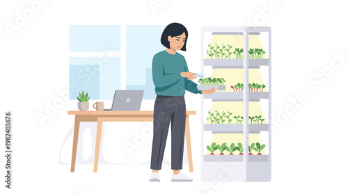 Woman harvesting plants from vertical indoor garden in home office