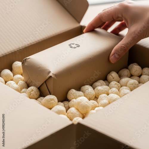 Person placing packaged goods in a cardboard box with protective packaging material