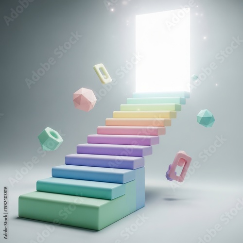Rainbow staircase with floating blocks leading to bright light door