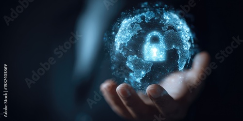 A hand gently cradles a glowing, digital globe secured by a prominent padlock, symbolizing global cybersecurity and data protection.
