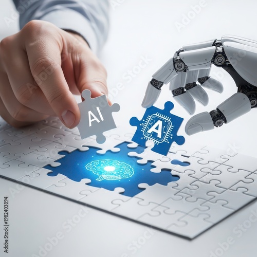 Robot and human hand putting puzzle pieces together with AI and artificial intelligence symbols