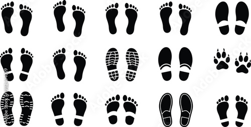 Human bare walk footprints and shoes, kids feet vector set, footsteps icon for print, trail, walking route, and footprint follow illustrations.
