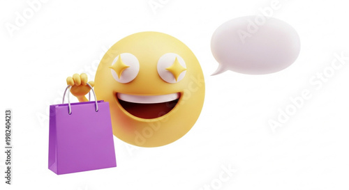 3D Excited Shopping Emoji with Purple Bag and Speech Bubble