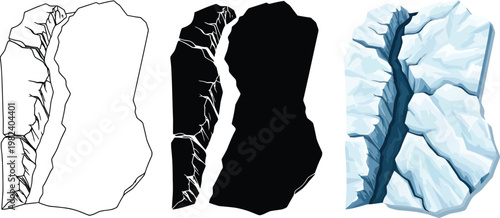 Iceberg and glacier crack illustrations set of vector graphics for nature and climate concepts isolated on white