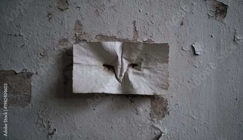 A crumpled piece of white paper is affixed to a weathered, peeling wall, creating a stark and unsettling visual contrast.