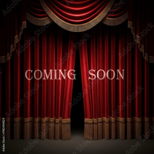 Theatrical red curtains with gold trim and coming soon text on stage