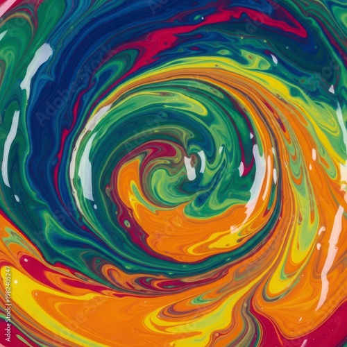 Vibrant swirling pattern of colorful liquids in a mesmerizing spiral design