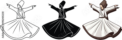 Set of whirling dervish illustrations traditional Sufi dancer icons in various styles representing spirituality and culture