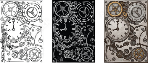 Steampunk clockwork mechanism with gears and roman numerals intricate mechanical design for vintage projects detailed illustration