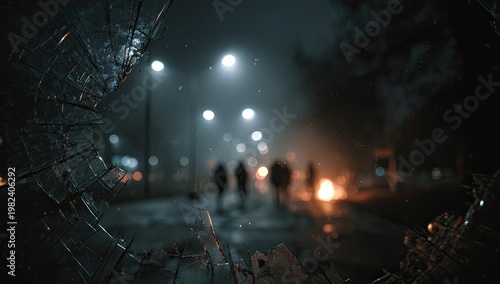 A shadowy nighttime scene viewed through shattered glass depicts blurred figures walking past illuminated streetlights, creating a sense of mystery and urban decay.