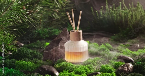 Fresh fragrance diffuser on moss in dark hazy forest.