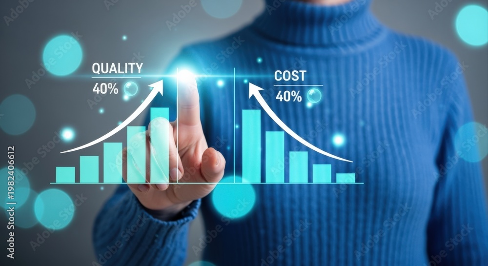 Obraz premium Business person analyzing rising quality and cost metrics on futuristic digital financial performance dashboard