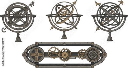 Set of antique astrolabes and gears vintage scientific instruments for navigation and astronomy steampunk style vector illustration