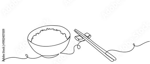 continuous line style Rice in a bowl and chopsticks the Japanese way of eating. Minimalist vector illustration isolated on white background Editable stroke.
