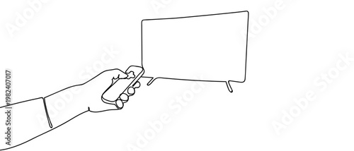 continuous line style The hand is pressing the remote to turn on the TV. Minimalist vector illustration isolated on white background Editable stroke.