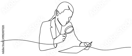 continuous line style The businesswoman is using a magnifying glass to examine the documents. Minimalist vector illustration isolated on white background Editable stroke.