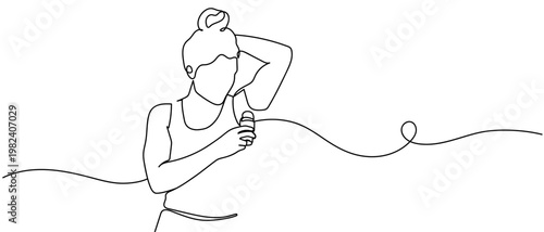 continuous line style The woman is applying roll on deodorant to her armpits. Minimalist vector illustration isolated on white background Editable stroke.
