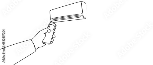 continuous line style My hand is pressing the remote to turn on the air conditioner. Minimalist vector illustration isolated on white background Editable stroke.