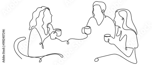 continuous line style A group of three people sat drinking coffee in the morning. Minimalist vector illustration isolated on white background Editable stroke.
