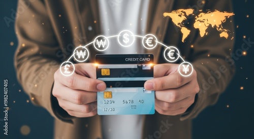 Person holding credit cards with global currency symbols and world map overlay, representing international finance and payments