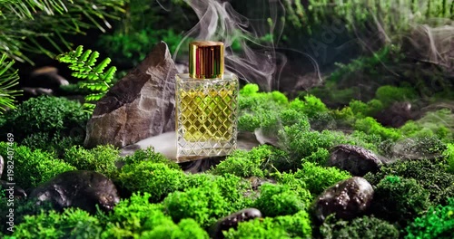 Fresh goden perfume on moss in dark hazy forest.