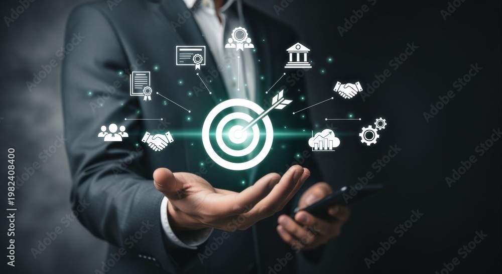 Fototapeta premium Business Professional Showcasing Digital Strategy and Goal Achievement with Connected Icons