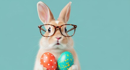 Cute bunny wearing glasses holding colorful Easter eggs against a teal background