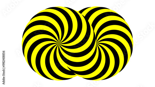 Abstract hypnotic yellow and black spiral vortex with overlapping circular swirling lines on white.