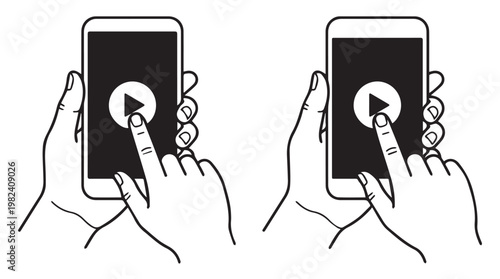 Hands pressing play and pause icons on smartphone screens for media control concept