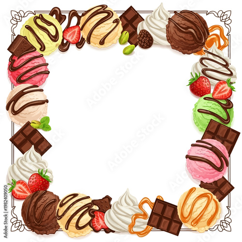 A colorful illustration of various ice cream flavors and chocolates arranged in a decorative border