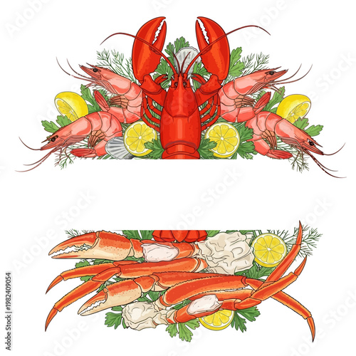 A colorful illustration of seafood with lobster, shrimp, and crab legs