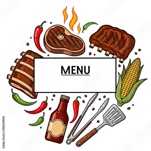 A menu illustration featuring various grilled foods and utensils